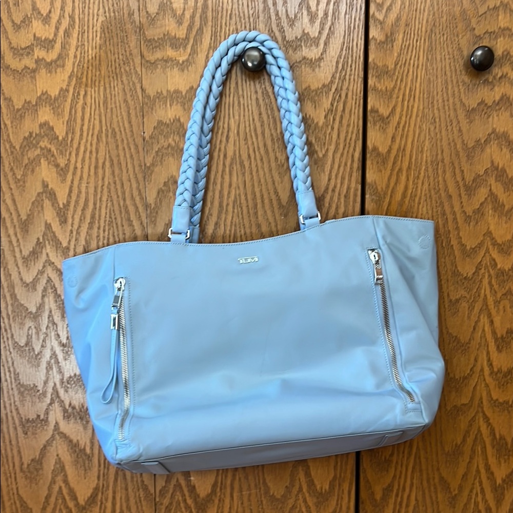 Tumi Blue Tote Bag with Braided Handles